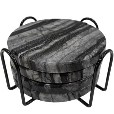 Imagem de YONGHEE Conjunto de 4 porta-copos de mármore preto com suporte, porta-copos de mármore redondos modernos elegantes para decoração de mesa de café, porta-copos de pedra semiabsorvente para bebidas, 10