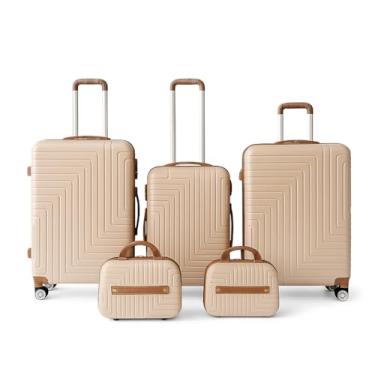 Imagem de Mala de Viagem Luxo, Conjunto 5 Peças, ABS Rígido, Champanhe com Detalhes em Marrom, Rodas Giratórias, Alças Telescópicas, Kit Completo para Viagem