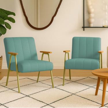 Imagem de Poltrona Sala Decorativa Industrial Dourado Kit 2 Laurita Linho Verde Menta K01 - D'rossi