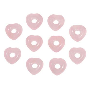 Imagem de Nupuyai Pacote com 10 contas de pedra de coração de quartzo rosa rosa para fabricação de joias, contas de coração vazadas para pulseira de berloques