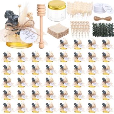 Imagem de Afarnook Conjunto de 60 mini potes de mel de plástico de 42,5 g, pequenos potes de mel, lembrancinhas de festa a granel com tampas douradas, molho de abelha de madeira, cartão de agradecimento, tecido
