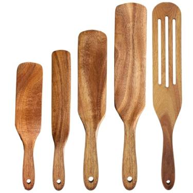 Imagem de Conjunto de utensílios de madeira natural de 5 peças para cozinha, utensílios de cozinha para refogar, virar e mexer, alças curvas e lisas para conforto, adequado para panelas antiaderentes
