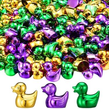 Imagem de Blueweenly 100 peças de mini figuras de pato carnaval brilhantes coloridas decoração de pato carnaval micro paisagem aquário jardim esconde-esconde charme para presente de festa (verde, dourado e roxo