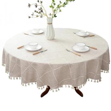 Imagem de Toalha de mesa de linho de algodão 47,2 polegadas/120 cm, design redondo xadrez nórdico, capa de tecido de café borla, decoração outono longa duração sala de jantar e mesas café