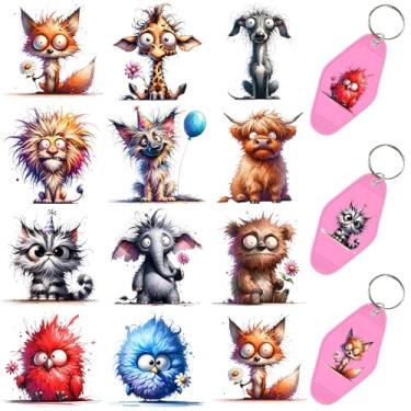 Imagem de 60 peças de papéis de transferência de chaveiro UV DTF - Decalques de vinil para chaves e etiquetas de bagagem, desenhos engraçados com revestimento resistente a arranhões, papéis de transferência