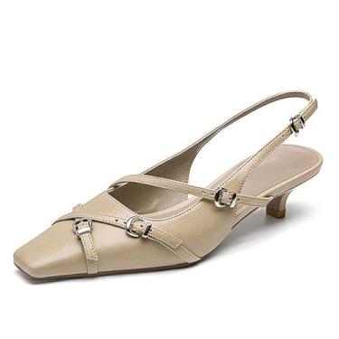 Imagem de LEMUTISME Sapato feminino elegante de couro fosco bico quadrado com fivela elegante salto baixo gatinho chique com tiras, Nude., 36