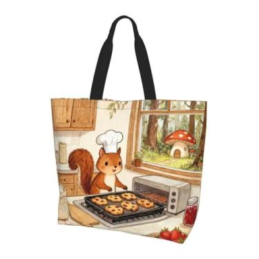 Imagem de OLUSENMO Bolsa de ombro grande, durável, reutilizável, ecológica, leve, elegante para uso diário 40 x 40 x 15 cm, Squirrel Chef Baking Cookies, Large