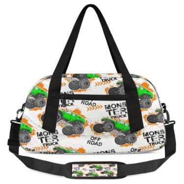 Imagem de Bolsa de viagem de academia para meninos – Bolsa infantil de fim de semana com bolso frontal com zíper para prática escolar, bolsas de mão para adolescentes, Caminhão verde, Carro