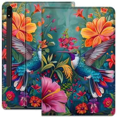 Imagem de Capa para Samsung Galaxy Tab S8 Plus 2022/S7 FE 2021/S7 Plus 2020 12,4 polegadas, capa de couro sintético para Galaxy Tab S8+ 2022/S7 FE 2021/S7 Plus 2020, flores e beija-flores