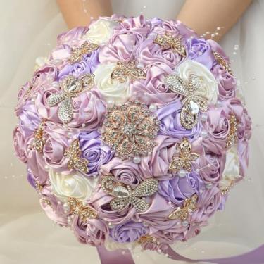 Imagem de Mhojpik Buquê de flores de casamento feito à mão com buquê redondo de rosas de cetim artificial para noiva, dama de honra, casamento, quinze anos