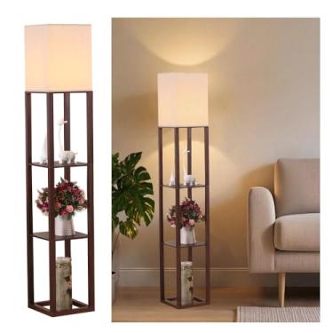 Imagem de HomeFocus Luminária de chão de prateleira com lâmpada de LED, estantes de exibição, luminária de chão para sala de estar, luminária de chão de quarto, sombra de linho natural, marrom nogueira