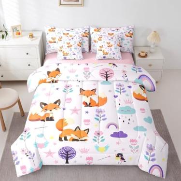 Imagem de Erosebridal Jogo de cama casal de raposa floral, desenho animado de zoológico, canteiro de flores fofo em uma bolsa (edredom, lençóis, fronhas e capas de almofada)