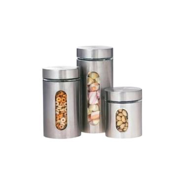 Imagem de Conjunto de 3 Potes para Mantimentos em Vidro e Aço Inox, Tampa Rosca com Vedação, Capacidades 635ml, 940ml e 1.750ml, Visor Transparente