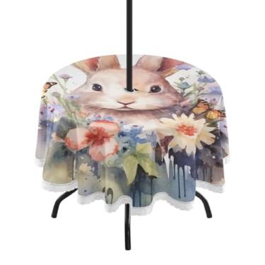 Imagem de Blueangle Toalha de mesa redonda à prova d'água de 152 cm à prova d'água de coelhinho da Páscoa com orifício para guarda-chuva - Tecido resistente para todos os climas à prova de sol para pátio