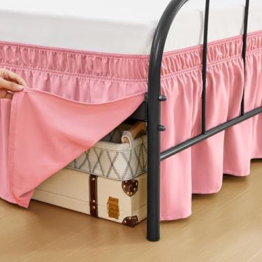 Imagem de RIMELA Saias de cama rosa empoeiradas com cantos divididos, tamanho completo, caimento de 38 cm, rodapé elástico para cama, fácil de instalar, babados, tecido macio, lavável na máquina para armação de