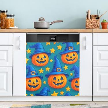 Imagem de ATTX Halloween Blue Hat Pumpkins capa de ímã para lava-louças, 58,4 cm C x 66 cm A decoração da capa da máquina de lavar louça, decalques de armário doméstico eletrodomésticos adesivos #217