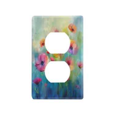 Imagem de Blueangle Placa de parede com pintura de flores coloridas, tomadas duplas, tamanho padrão, placas de cobertura de tomada elétrica de 1 gangue para decoração de quarto de escritório em casa, 4,53 x
