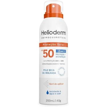 Imagem de Protetor Solar Helioderm Suncare Spray FPS 50 200ml 2 Em 1 Hidratação E Proteção UVA UVB – Uso Em Pele Seca Ou Molhada