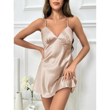 Imagem de Camisola Feminina Verão - Seda Gelada, Decote V, Sem Costas, Estampada