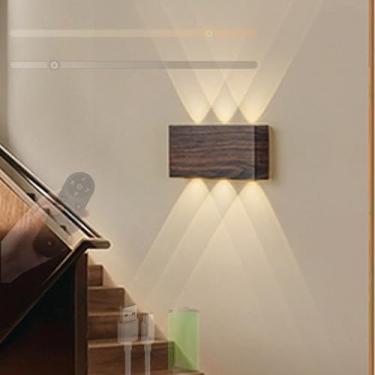Imagem de LED apliques de parede bateria de carregamento regulável candeeiros de parede com controlo remoto controlo tátil iluminação magnética para quarto sala de estar corredor escadas (madeira escura, 1 peça