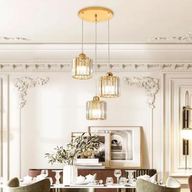 Imagem de Luminária Pendente para Sala de Jantar de Cristal Moderno com Altura Ajustável e Soquete E27 | Lustre Pendente para Ilha de Cozinha, Corredor e Quarto (3 Luzes)