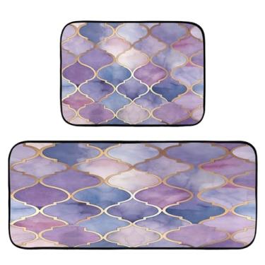 Imagem de Wassud Tapetes de cozinha geométricos violeta para decoração de casa tapetes de cozinha acolchoados antifadiga tapetes de cozinha antiderrapante lavável essencial de cozinha conjunto de 2
