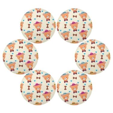 Imagem de Wassud Jogo americano conjunto de 6 ursos com chapéus, tapetes de mesa redondos para cozinha e jantar, lavável, resistente ao calor, decoração de mesa 39 cm