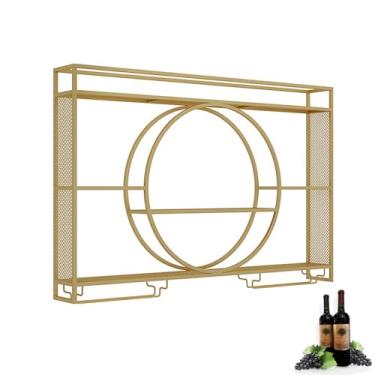 Imagem de Prateleira de vinho de metal montada na parede, prateleiras de armazenamento de garrafa de licor flutuante com luz LED, prateleira de exibição de parede com suporte de taça de vinho, para bar e café e