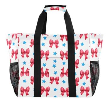 Imagem de Wassud Red Bows and Stars Sacos de mercearia reutilizáveis grande bolsa organizadora de lona impermeável para praia, piquenique, lavanderia, viagem