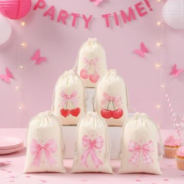 Imagem de Sacos de cordão de algodão de musselina, saco de sachê de linho de lona natural cru com 6 padrões de laço de cereja mistos, sacos vazios reutilizáveis, bolsa de embrulho de presente para festas de fim