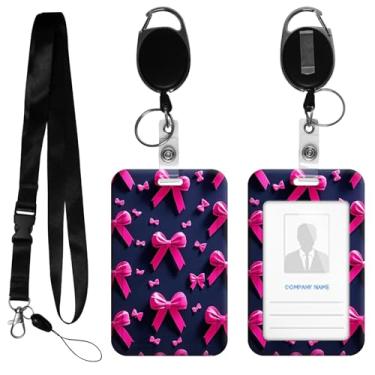 Imagem de HEAKIERG Porta-crachá feminino com carretel retrátil, etiquetas de identificação fofas, crachás de trabalho pesados, 11 x 6,9 cm, para enfermeiras, oficiais de segurança, cruzeiro, laço rosa