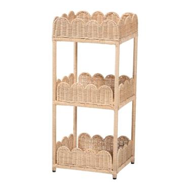 Imagem de Bali & pari Brooks Prateleira de armazenamento de 3 camadas de vime natural – Suporte de exibição de vime tecido à mão com bordas recortadas, móveis com detalhes boêmios costeiros
