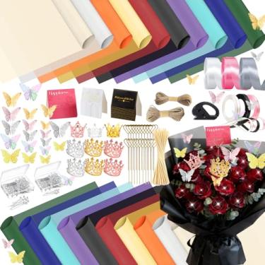 Imagem de DNSGOOR 548 peças de kit de papel de embrulho de flores com 200 folhas, buquê impermeável, decoração de papel de embrulho, coroas, 3D, buquê de borboleta, alfinetes, fitas para dia dos namorados