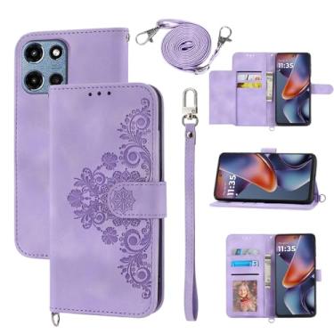 Imagem de Dswteny Capa carteira para Motorola Moto G 5G 2025 com alça de ombro transversal, couro em relevo, acessórios para celular G5G 5 G G5 mulheres meninas roxo