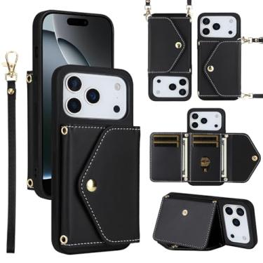 Imagem de Dswteny Capa carteira para iPhone 17 Pro de 6,3 polegadas com cordão de pulso alça de ombro fina bolsa flip, acessórios de suporte de cartão de crédito de couro PU capa de celular para celular i
