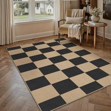 Imagem de PureCozy Tapete quadriculado de juta fácil de 10 x 15 cm, tapete lavável para entrada quadriculada para sala de estar, tapete preto antiderrapante neutro para quintal e quarto
