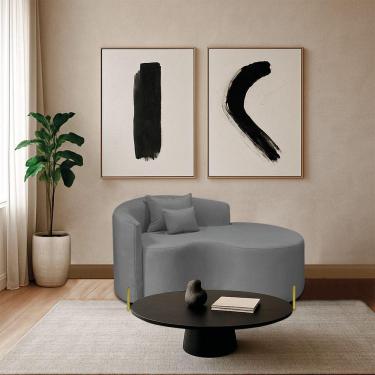 Imagem de Divã Recamier Curvo Sala De Estar Recepção Inglaterra 150cm Pés Metal Dourado Lado Direito Bouclé Cinza