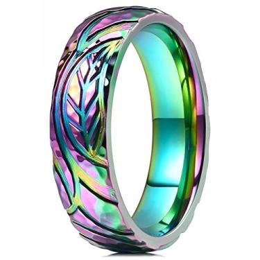 Imagem de THREE KEYS JEWELRY Anel de titânio banhado a cores arco-íris de 6 mm, padrão de textura de folha, design martelado, anel de noivado para homens e mulheres, ajuste confortável, 13, Metal não precioso,