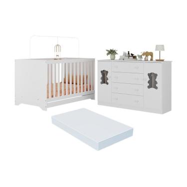 Imagem de Berço Americano 3 Em 1 Com Colchão Incluso E Cômoda 2 Portas 4 Gavetas Teddy Multimóveis MP4735 Branco