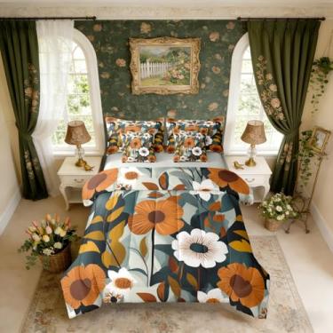 Imagem de Erosebridal Conjunto de edredom boêmio queen com casa de fazenda do sudoeste, floral abstrato e folhas, conjunto de cama botânica vintage chique, estilo vitoriano, cama artística em uma bolsa
