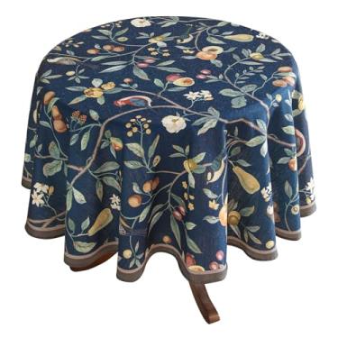 Imagem de bilin gaier Toalha de mesa redonda de linho de 167 cm, resistente a vincos, azul francês, estampa com Froal, toalha de mesa de costura decorativa para Ação de Graças, Natal, sala de jantar, casa