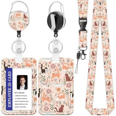 Imagem de Cordões florais de gato para crachás de identificação, suporte de crachá de flor de gato fofo com clipe retrátil, etiqueta de nome de cartão de identificação, protetor de cartão de identificação