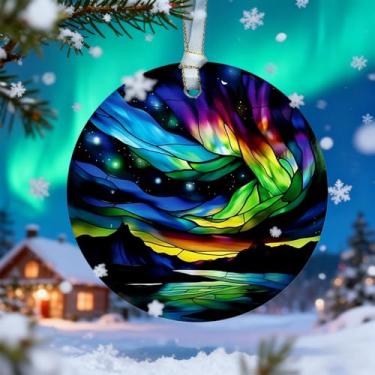 Imagem de Enfeite de Natal 2025, decoração de árvore de Natal de vitral, enfeites de férias de inverno para árvore de Natal - presentes para família, amigos - enfeite de pendurar em vidro (aurora boreal)