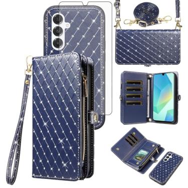Imagem de Capa de celular para Samsung Galaxy A16 5G/4G Carteira com zíper destacável protetor de tela transversal alça de cordão Bling Glitter Flip porta-cartões A 16 16A SM-A166U mulheres homens meninas azul