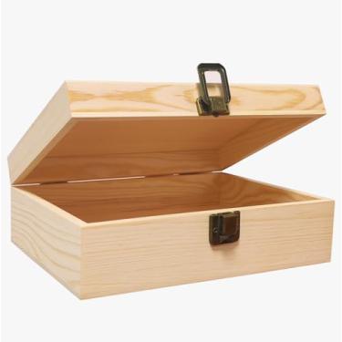 Imagem de Caixa de armazenamento de madeira com tampa articulada, pinho natural, 20 x 15 x 7 cm, pequeno organizador decorativo para joias, suprimentos de artesanato, projetos de bricolage, decoração de casa