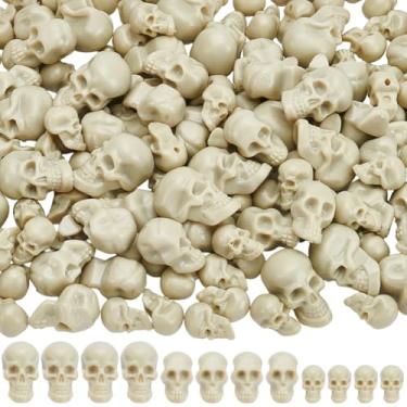 Imagem de SOFPLATE 3 tamanhos 150 peças mini cabeças de caveira de Halloween pequenas cabeças decorativas de caveira em massa estatuetas de cabeça de esqueleto de terror para enchimento de vaso de Halloween