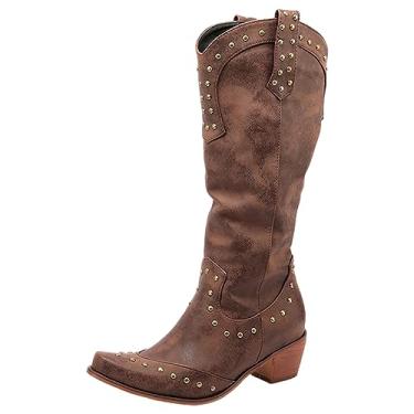 Imagem de Jamron Botas femininas retrô Rivets Cowboy bico fino salto grosso ocidental botas sob o joelho, Café, 40