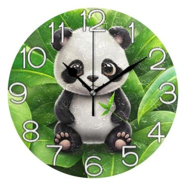 Imagem de GAIGEO Relógio de parede analógico decorativo redondo sem tique-taque silencioso relógio de cozinha rústico, decoração de parede de casa de fazenda moderna, arte de folha verde urso panda fofo, 25 cm