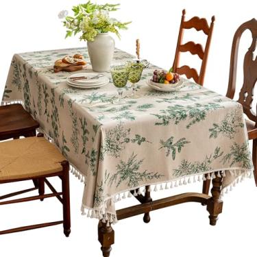Imagem de Qubjus Toalha de mesa retangular estampada com borlas, tecido de linho de algodão sintético, capa de mesa estilo fazenda rústica para sala de jantar, cozinha (152 x 192 cm, pinha verde)
