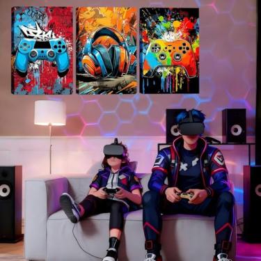 Imagem de Arte de parede em tela Gamer Graffiti Aquarela Gaming Headset Pinturas em tela 40,6 cm C x 30,5 cm L cada, consoles de jogos estilo rabisco, imagens, decoração de parede, fones de ouvido para jogos